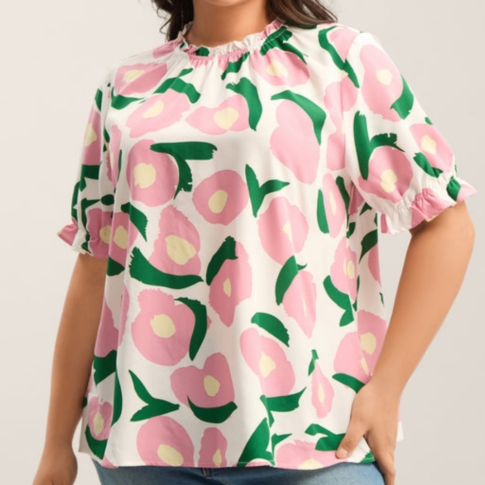 Bloom Chic Ruffled Neck Puffy Sleeve Blouse-Floral White, Pink and Green Pattern - Picture 5 of 6